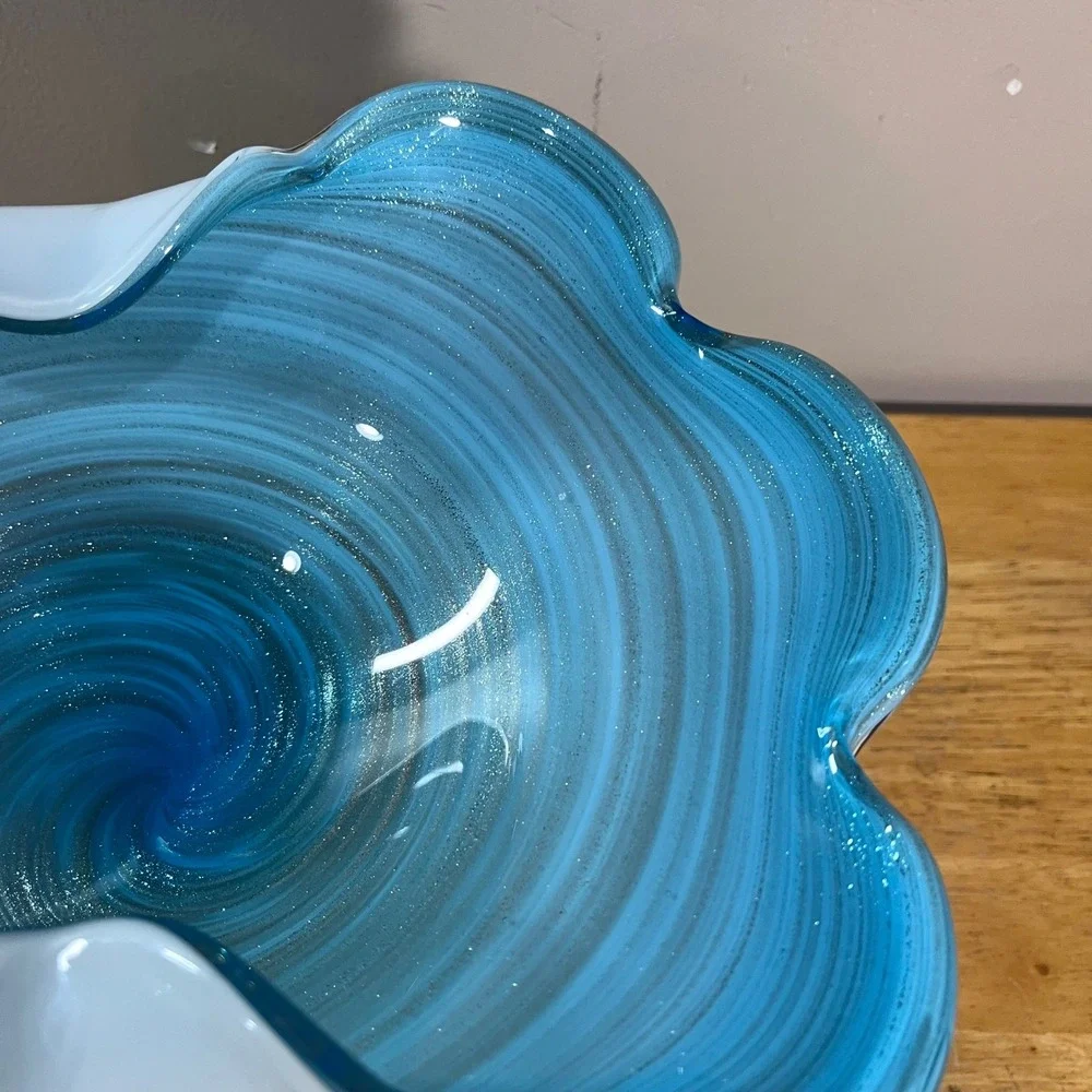 Murano Art Glass Console Bowl Blue White Vtg Swirl Ruffled Glitter 12.5